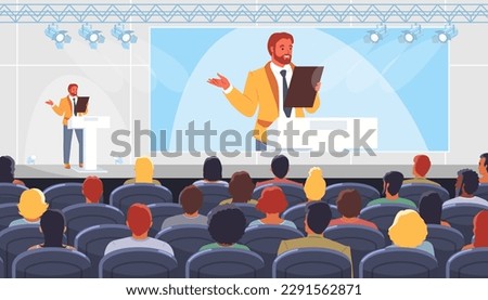 Confident man speaker talking before audience at business conference vector illustration. Successful businessman character, teacher giving speech on stage at international forum