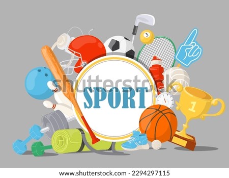 Sport poster design template with fitness and gaming accessories vector illustration. Championship tournament gears, training supplies and awards prize for winners flat cartoon