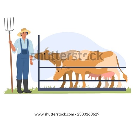 Man farmer taking care of cow at stall vector illustration. Male farm worker standing with pitchfork at livestock isolated on white background. Agriculture and village farmland concept