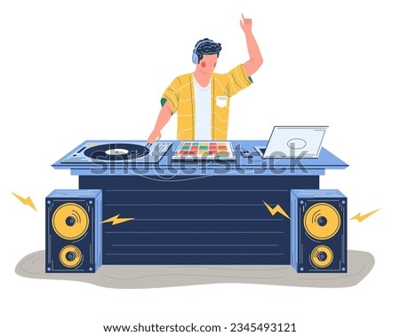 Young man dj standing at turntable mixing music tracks for dancing vector illustration. Male disc jockey in headphones at party in nightclub