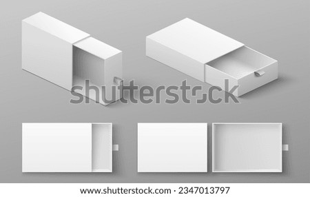 Realistic slide box in different position and view mockup set with ribbon to pull out vector illustration isolated on grey background. Closed and opened gift blank cardboard container