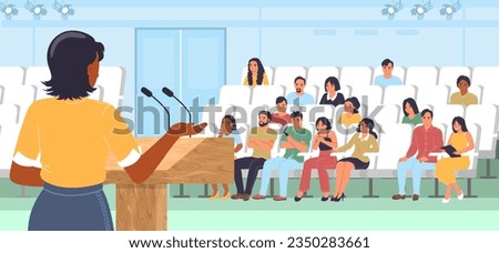 Conference vector illustration with woman speaker performing with speech presentation front of small people audience standing with her back