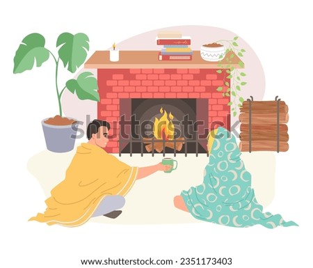 Couple wrapped in blanket sitting on home floor front of fireplace drinking hot beverage in living room vector illustration. Cold winter season, keep warm concept