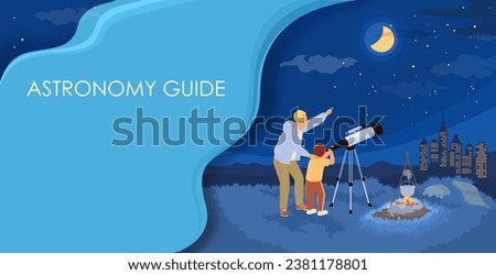 Astronomy guide advertising poster with dad and son observing night sky looking through portable telescope. Learning about space and planets vector illustration