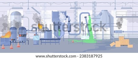 Accident on plant and manufacturing industry problem vector illustration. Burning industrial machines, exploding steel tanks, leaking chemicals and dangerous gases