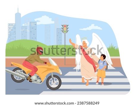 Angel keeper saving life of little boy child crossing road on crosswalk vector illustration. Celestial guardian protecting kid from motorcycle riding at high speed