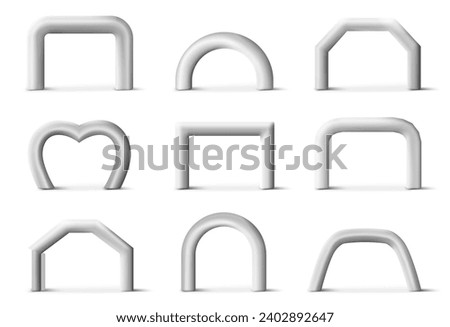 Inflatable arch, helium tube entrance gates, balloon archway of different shape empty blank mockup 3d vector illustration. Geometric stage framing for exhibition or sport competition
