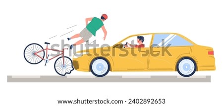 Highway road traffic accident with bicyclist and car driver vector illustration. Automobile collision with bike at crosswalk