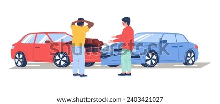 Two cars crash road accident vector illustration. Male frustrated drivers looking at damaged transport smashed vehicles trying to solve problem