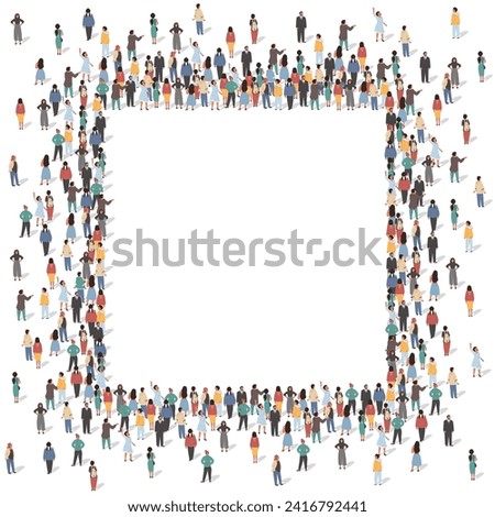 Square frame with different people standing together around empty space vector illustration. Multicultural international society geometric shape border with white copyspace