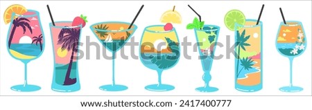 Summer cocktail glasses with refreshment drinks set with beach nature boho seamless pattern vector illustration. Beverage design for restaurant menu, banner or greeting card