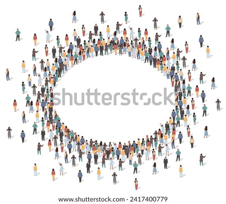 Large group of people standing together forming oval frame view from high angle view vector illustration. Man and woman crowd gathering in geometric shape of round border