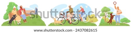 Happy elderly people cartoon characters spending time with pets outdoors scene set. Senior man and woman walking in park, riding bicycle, enjoying games on playground with dogs
