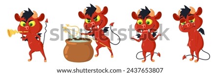 Cute small horned devil cartoon characters emoji isolated set. Spooky demon blowing in clarion, brewing potion, being sad and puzzled vector illustration