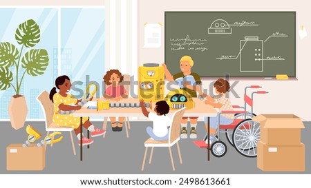 Diverse kids group project for gaining knowledge together vector illustration