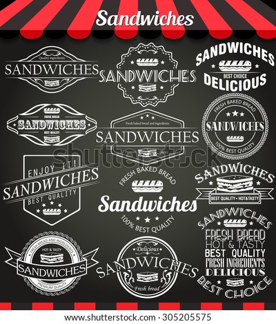 White illustration set of sandwiches retro vintage labels, badges and logos on blackboard. See more in set 