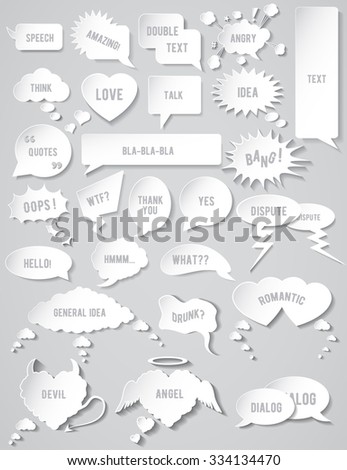 Set of different flat comic Speech bubbles for talk and quotes on a gray background. Collection of cloud oval rectangle and jagged shape contours abstract isolated vector illustration