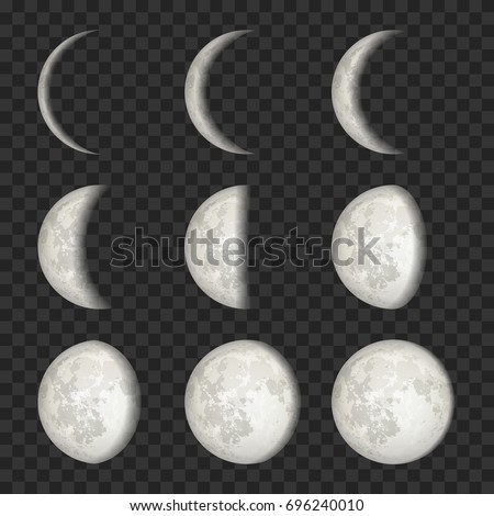 Vector lunar phase icon set. The whole cycle from new Moon to full Moon on transparent background.
