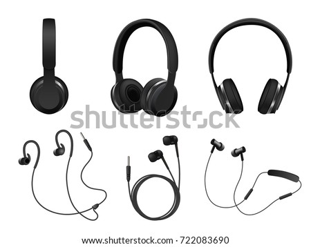 Vector set of wireless and corded headphones, earphones. Realistic black headphones music accessories isolated on white background.