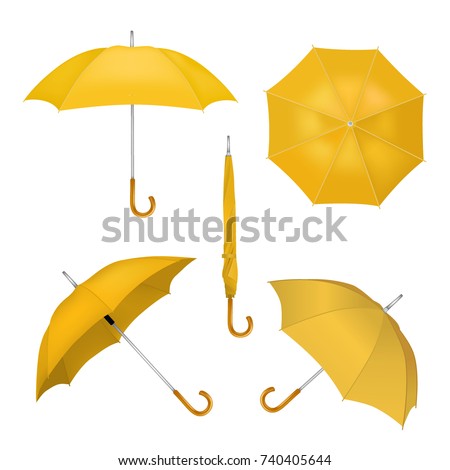 Vector realistic illustration of yellow umbrellas in various positions. Parasol opened and taken down icon set isolated on white background.