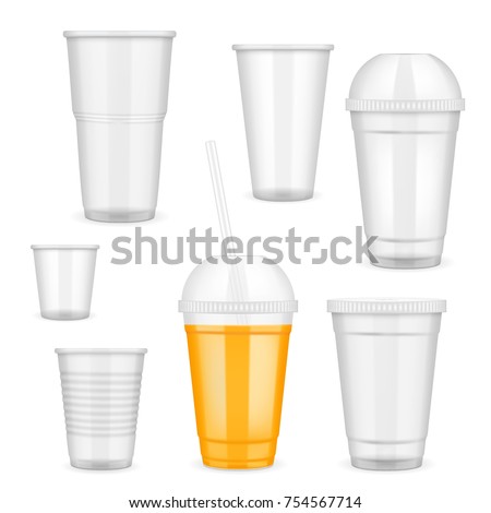 Vector filled and empty transparent disposable plastic cup set. Container for cold, hot drink realistic templates.