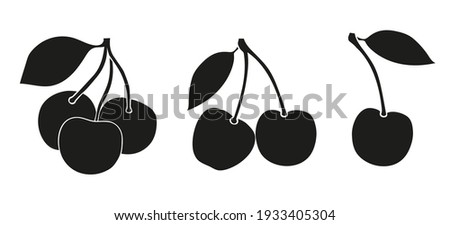 Vector Set of berries, a cherry, couple of cheries, a bunch - black icons on white background  images. Illustration isolated, easy to edit and ready to use icons. A collection in various drawings