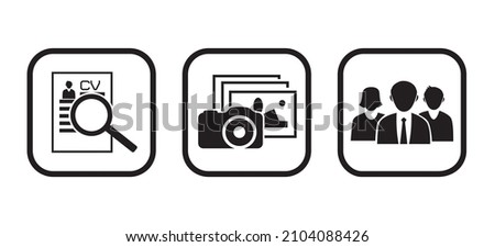 Vector set of business symbols: photo-camera, document searching, staff and personnel icons