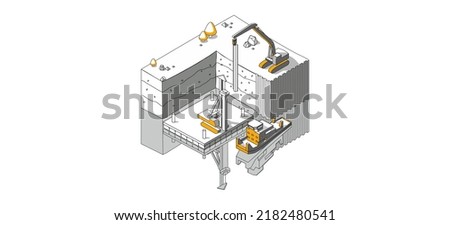 Hydraulic structures and shore protection works on the earth and on water.  larsen sheet pile, hydraulic hammer and pusher barge. Vector isometric illustration. 