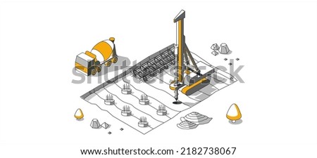 Foundation ditch construction, pits drilling and piles mountaining. Concrete mixer and drilling rig on a construction site. Vector isometric illustration.