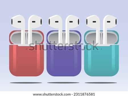 Set of colored wireless headphones airpods 3. Vector illustration.