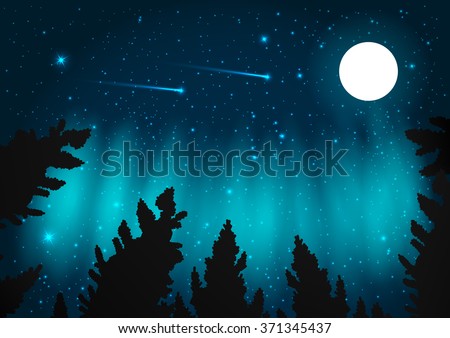 Northern Lights. Galaxy With Framed With Pine Trees. Night Sky And Shooting Stars. Milky Way. Vector Illustration