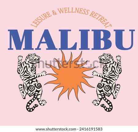 Malibu Tiger Health Club Wellness  retreat fashion Club Retro Varsity College California Sun USA Trending Script Slogan Graphic Tee t-shirt logo artwork typography tote badge emblem crest 
