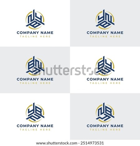 Letters YBN, YNB, BYN, BNY, NYB, NBY Hexagonal Technology Logo Set. Suitable for any business