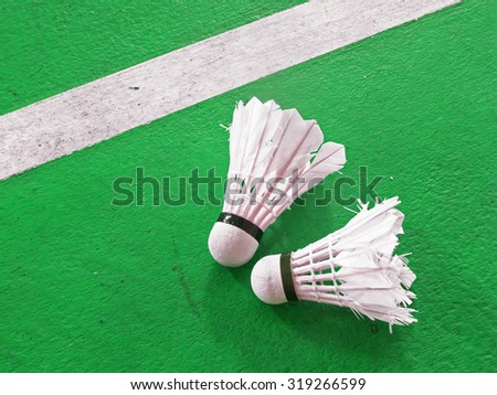 Shuttlecocks for play badminton on green floor of court