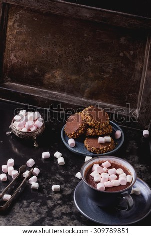 Home made hot chocolate, served on a vintage metal tray with chocolate cookies and marshmallows