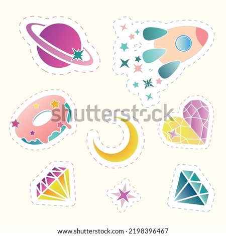 set of cute space stickers diamond heart moon and stars