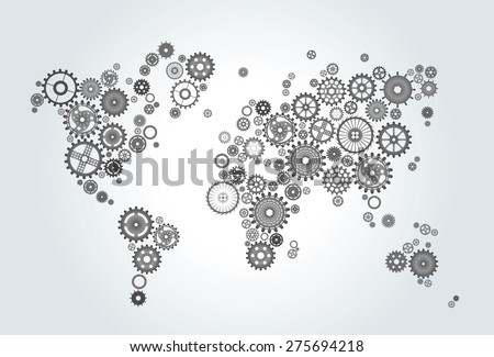 world map composed of gears, wheels black on gradient background