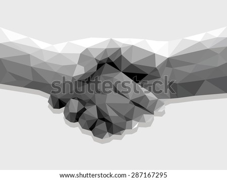 two hands handshake polygonal low poly contract agreement monochrome on a light background.
