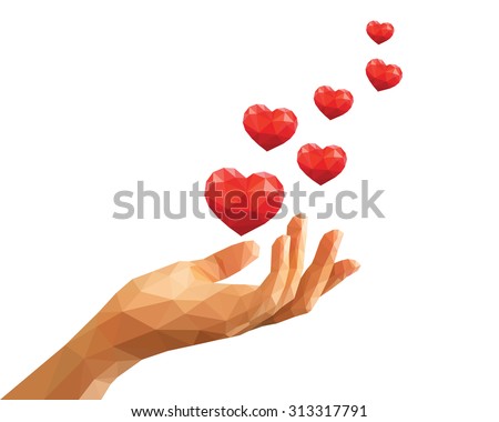 polygonal hand keeps six red floating hearts like love confession