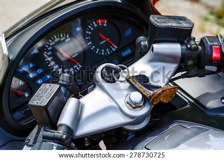 Senta, Serbia - May 17th, 2015: Photo shoot of Yamaha GTS 1000 bike from 1995, closeup shoot of a front gauges. 52 kW engine,built with Omega chassis concept. It has fork-less front suspension.