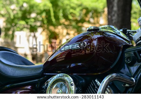 Szeged, Hungary - May 30th, 2015: Photo shoot of Yamaha Drag Star 1100 XVS bike from 2002, closeup shoot of a reservoir and seat. 4-stroke SOHC V-twin engine, 1063cc.