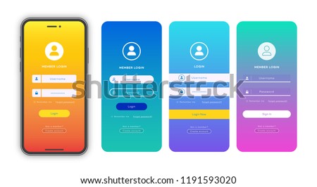 Login form page template set on gradient background for app development, smartphone mockups, website ui elements, online login form, registration, user profile, access to account. Vector 10 eps