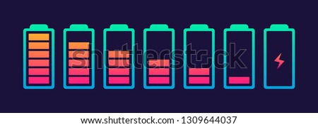 Vector battery symbol set different level of charge for ui energy symbol mobile phone, battery charge signs. Car battery indicator. Accumulator battery, wireless charging energy icons. 10 eps
