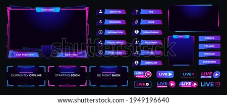 Streaming screen panel overlay design template neon theme. Live video, online stream futuristic technology style. Abstract digital user interface. Live streaming button. Vector 10 eps