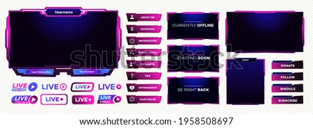 Streaming screen panel overlay game template neon theme. Live video, online stream futuristic technology style. Abstract digital user interface. Live streaming button. Vector 10 eps