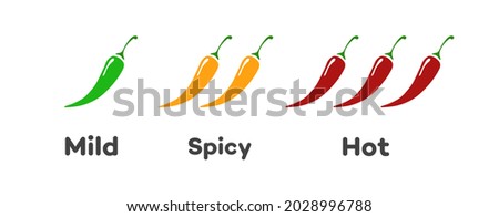 Spicy chilli pepper level - mild, spicy, hotaSpicy chilli pepper level - mild, spicy, hot isolated on background. Pepper sauce with fire flame. Illustration 10 eps