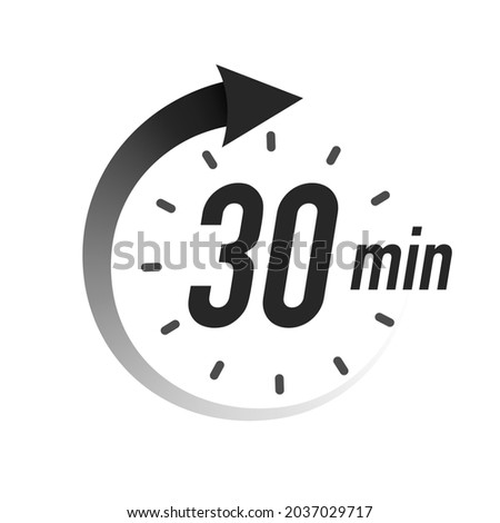 30 timer minutes symbol black style isolated on white background. Clock, stopwatch, cooking time label, sport icon. Vector 10 eps