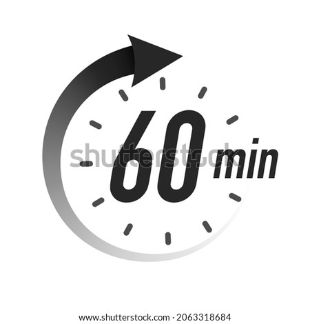 60 timer minutes symbol black style with arrow isolated on white background. 1 hour clock, stopwatch, cooking time label, sport icon. Vector 10 eps Сток-фото © 
