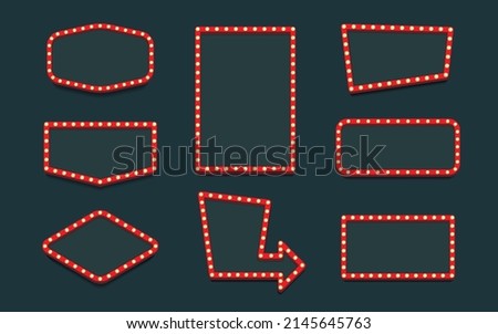 Retro lightbox vector template set realistic style with lightbulb isolated on black background for party poster, banner advertising, promotion and sale billboard, cinema, bar show or restaurant.