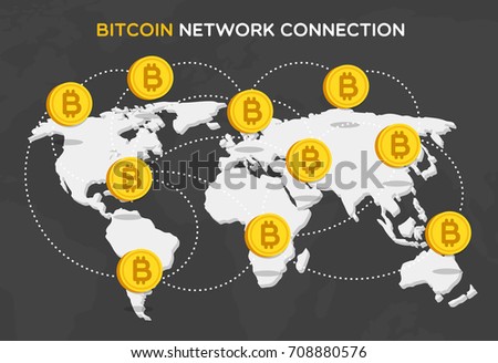 Bit coin network connection consisting of money, world map and connection. Vector Illustration